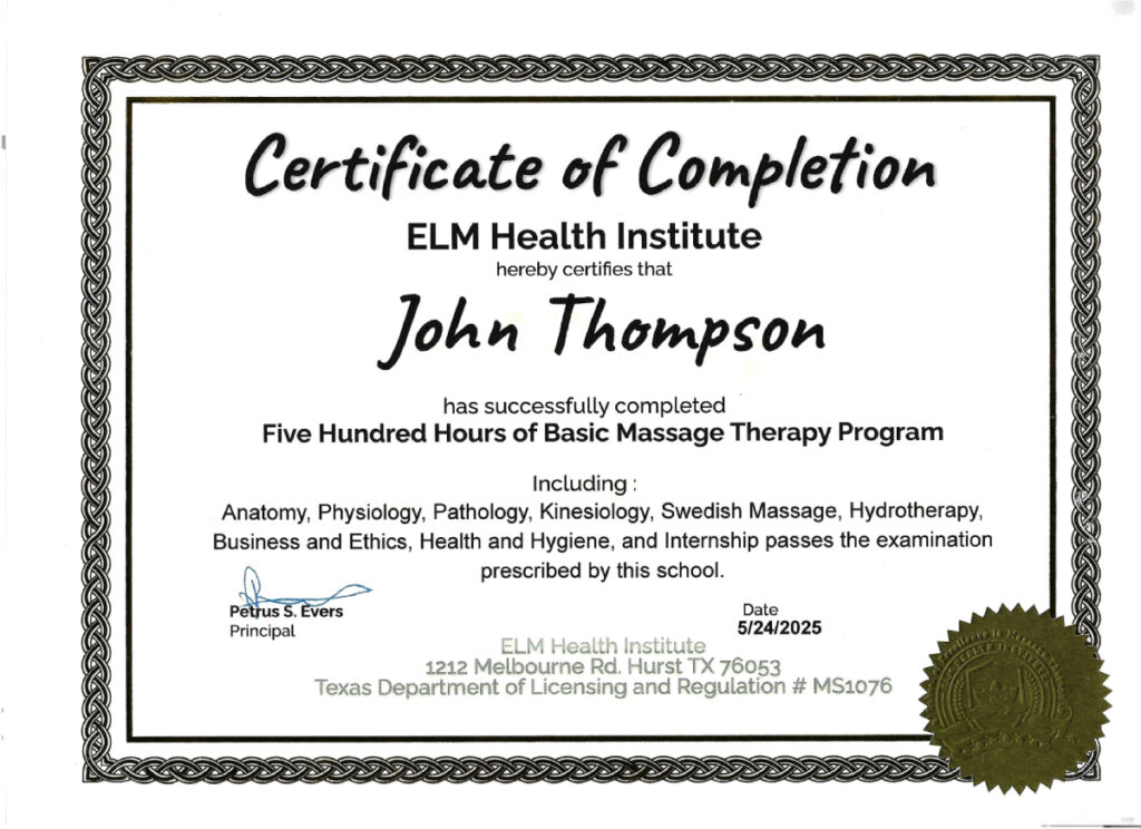 John Thompson ELM Health Institute Certificate